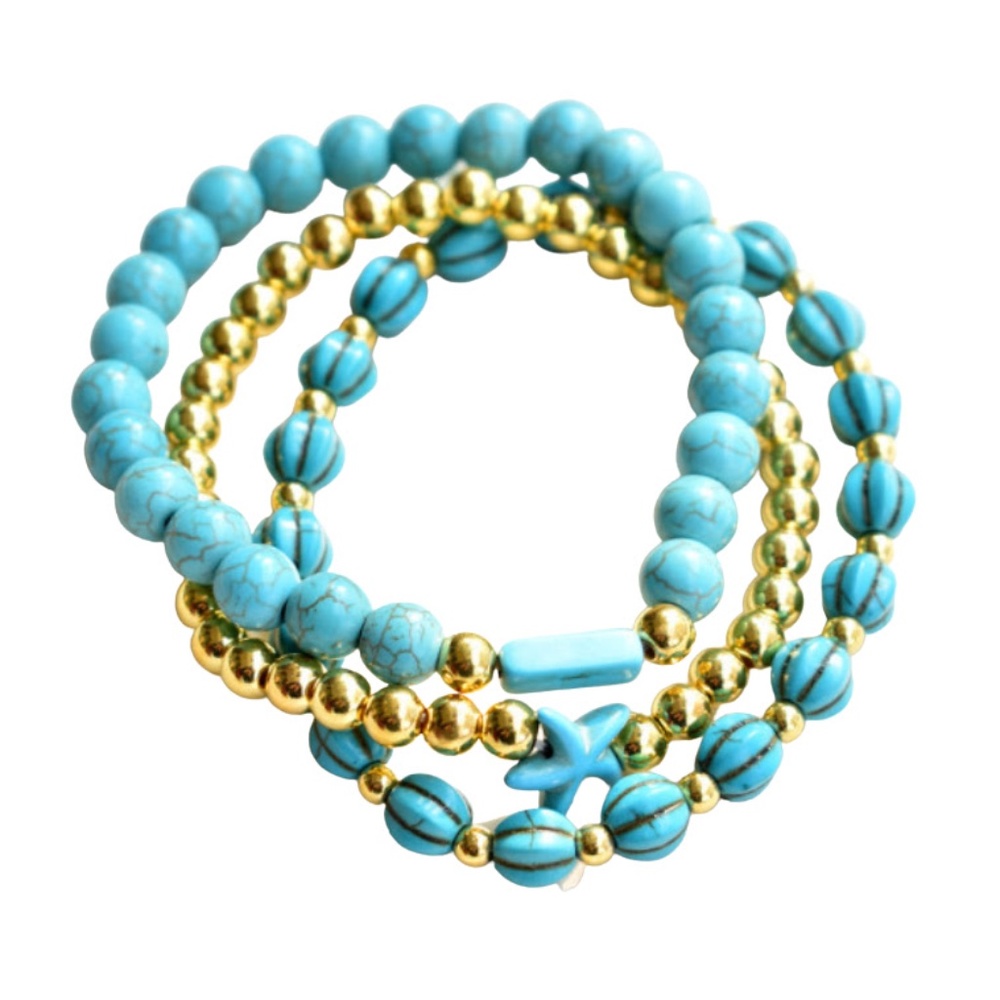 Stretch Bracelet Set of 3 Turquoise and Gold For Average Size Wrists - Picture 2 of 4